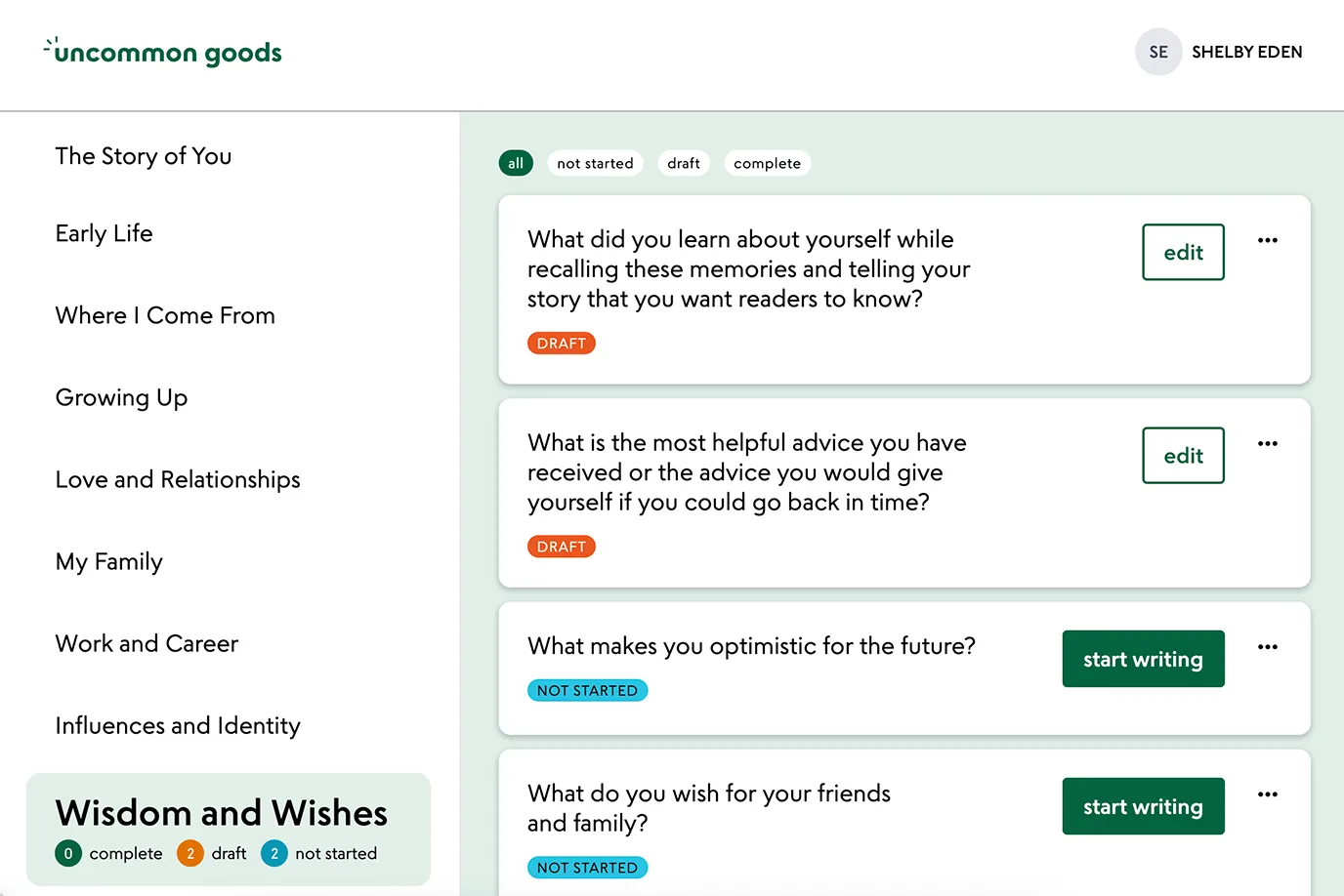A laptop screen displays 'The Story of You' online writing portal, featuring sections and personal prompts.