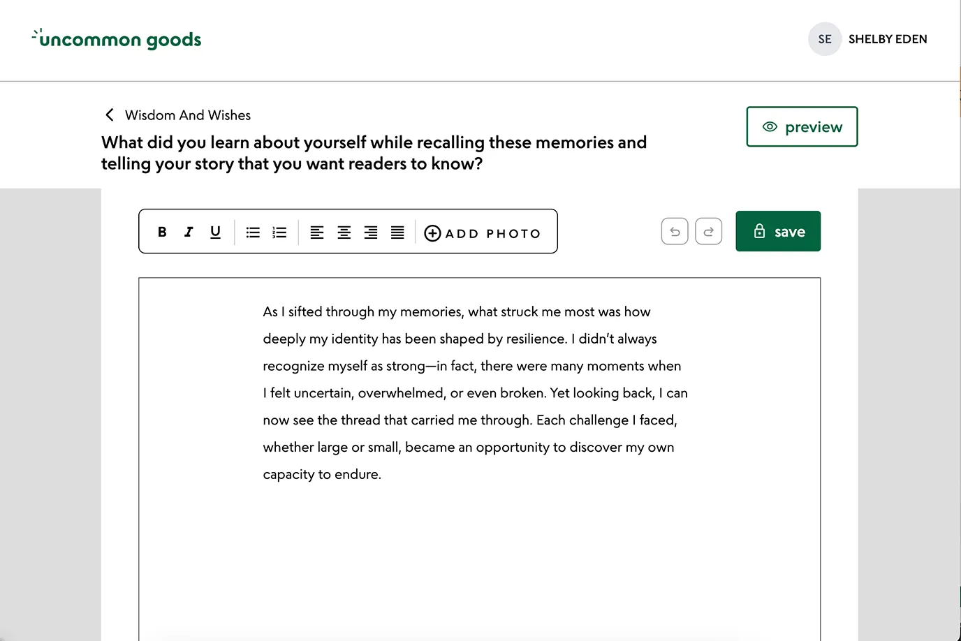 A detail view of the online writing portal, showing a sample prompt with a partially written response.