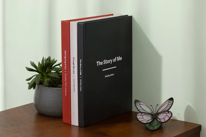 Three printed books with different titles, authors, and cover colors.